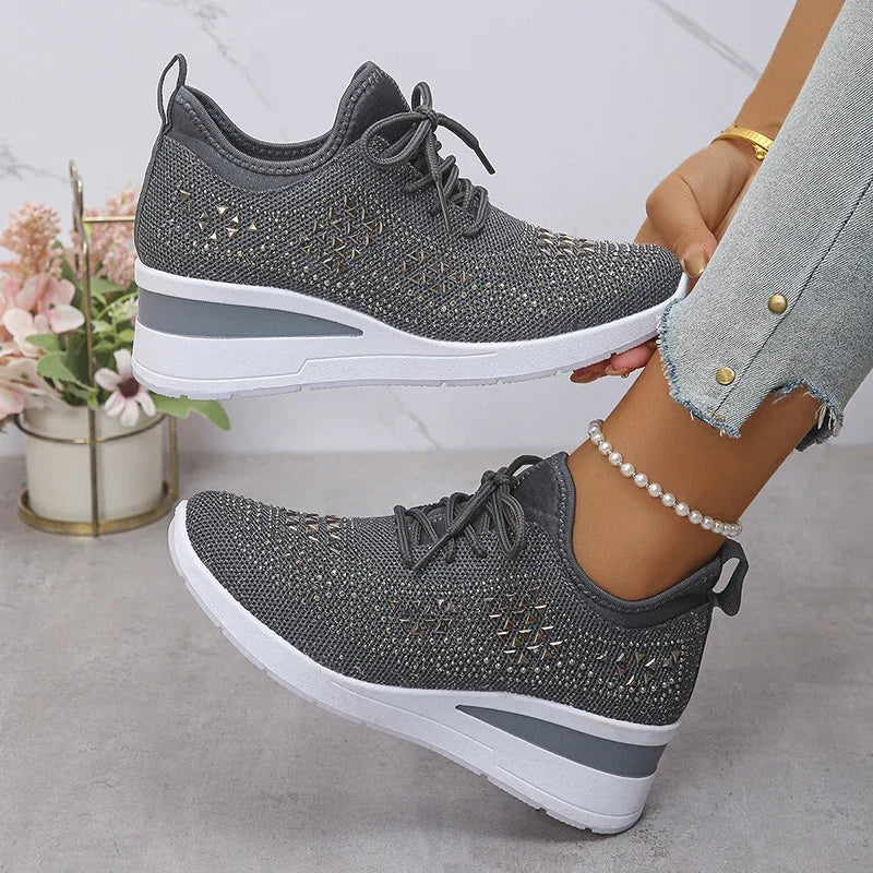 Happy™ WomenSneakers: Stilfuld Åndbar Kile Kvinder Sneakers Med Glitrende Rhinsten