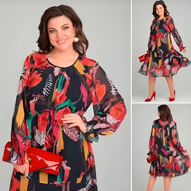 Icone™ FlowerDress: Langærmet Løs Pasform Blomsterprint Kjole