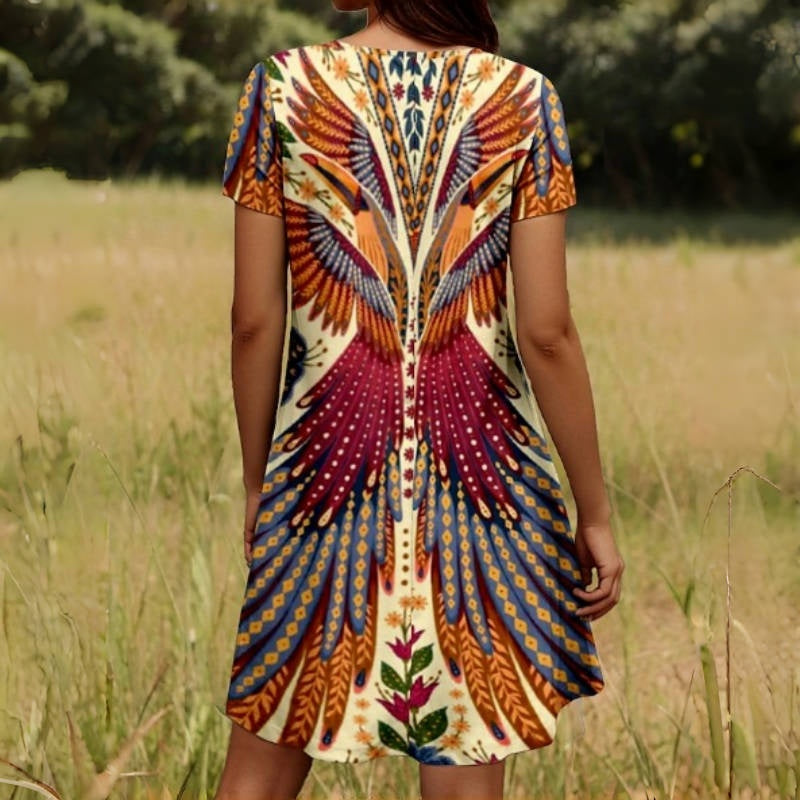 Icone™ PeacockDress - Påfugleprint Mini Kjole Med Korte Ærmer