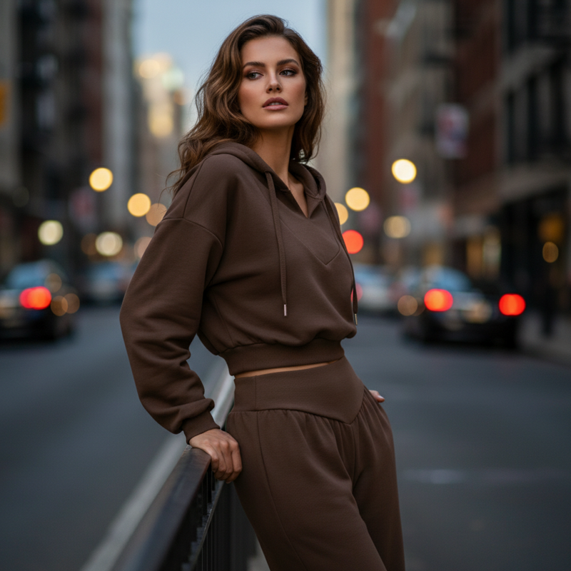 Icone™ StylishOutfit : Kvinders Stilfulde Sæt Med Kort Hoodie Og Brede Bukser