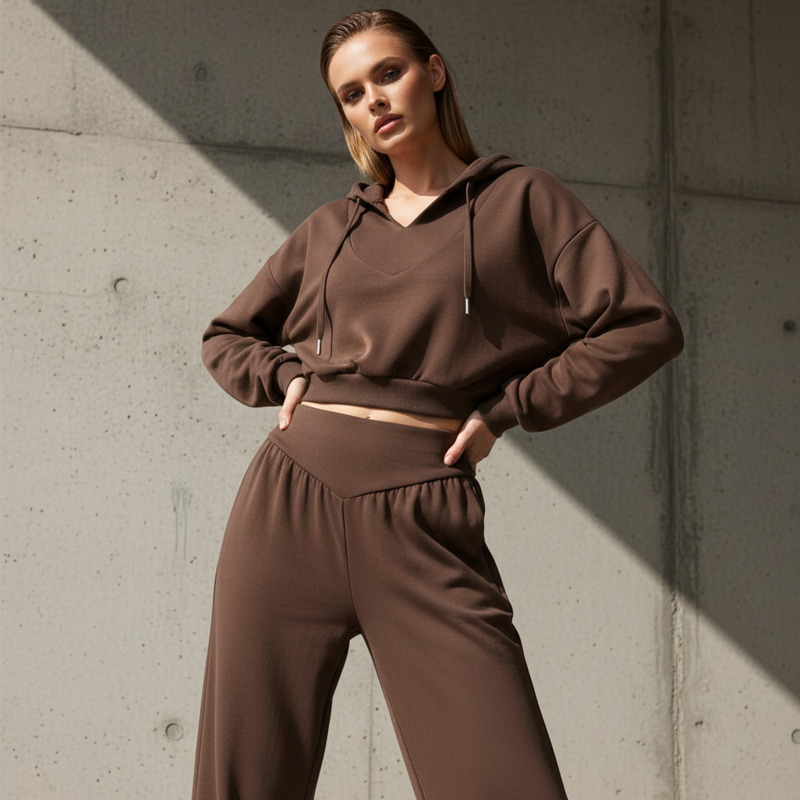 Icone™ StylishOutfit : Kvinders Stilfulde Sæt Med Kort Hoodie Og Brede Bukser