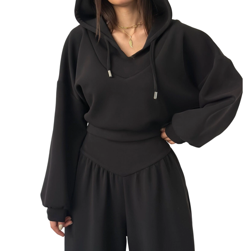 Icone™ StylishOutfit : Kvinders Stilfulde Sæt Med Kort Hoodie Og Brede Bukser