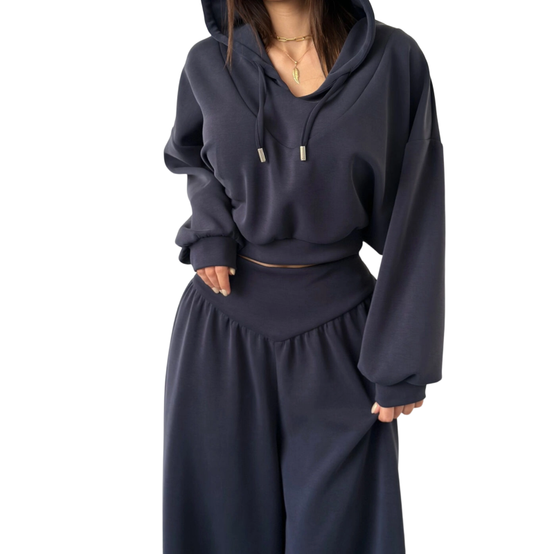 Icone™ StylishOutfit : Kvinders Stilfulde Sæt Med Kort Hoodie Og Brede Bukser