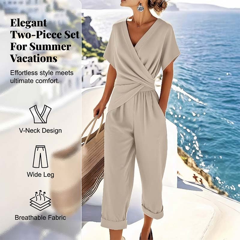 Icone™ ElegantWear: Elegant V-Udskæring Daglig Brug Top Og Høj Talje Bukser Sæt