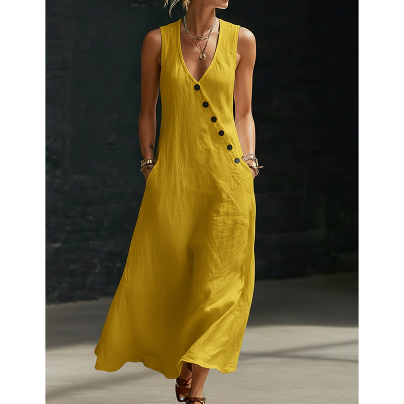 Icone™ ButtonDress - Elegant Løs Pasform Med Knap Accent Afslappet Maxi Kjole