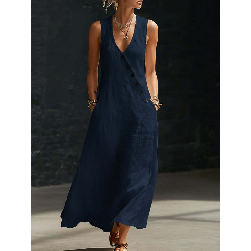 Icone™ ButtonDress - Elegant Løs Pasform Med Knap Accent Afslappet Maxi Kjole