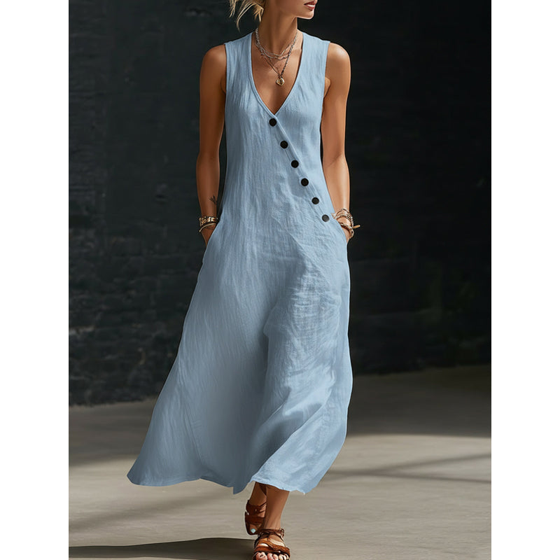 Icone™ ButtonDress - Elegant Løs Pasform Med Knap Accent Afslappet Maxi Kjole