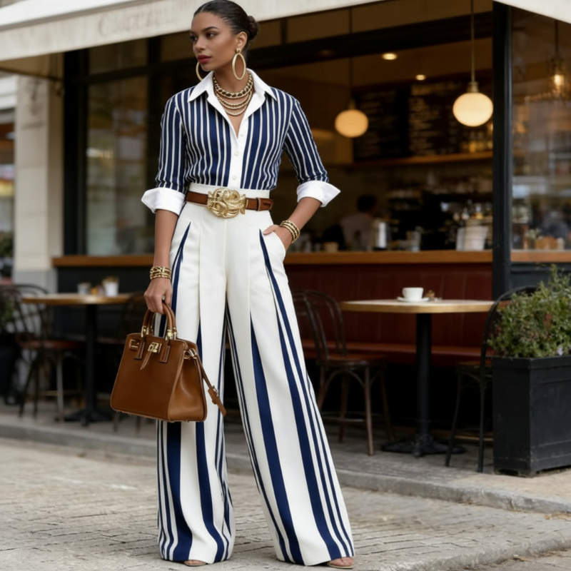 Icone™ StripedSet: Modevenlig Elegant Stribet Stil Matchende Sæt til Kvinder