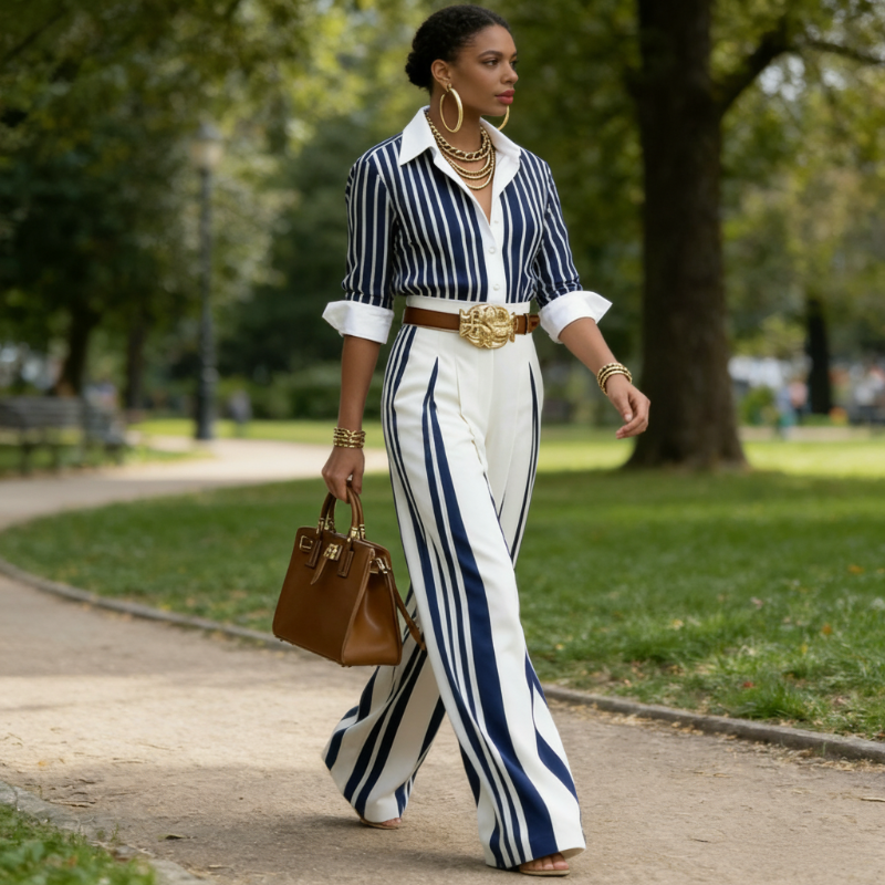 Icone™ StripedSet: Modevenlig Elegant Stribet Stil Matchende Sæt til Kvinder