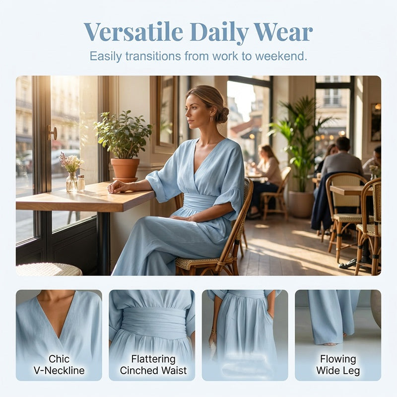 Icone™ ChicJumpsuit: Elegant V-Hals og Løs Ben Chic Jumpsuit