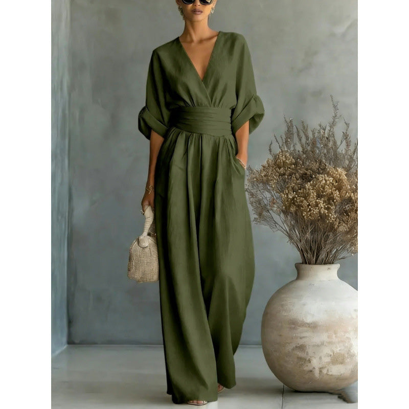 Icone™ ChicJumpsuit: Elegant V-Hals og Løs Ben Chic Jumpsuit