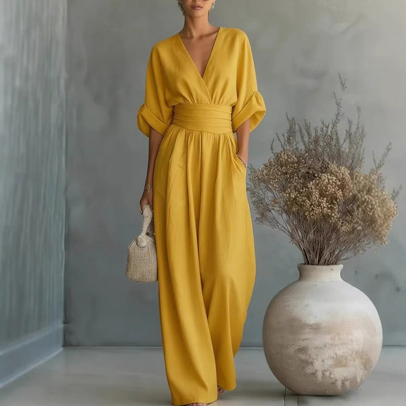 Icone™ ChicJumpsuit: Elegant V-Hals og Løs Ben Chic Jumpsuit