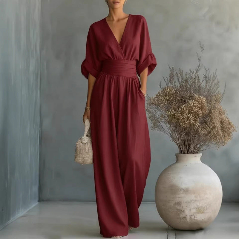 Icone™ ChicJumpsuit: Elegant V-Hals og Løs Ben Chic Jumpsuit