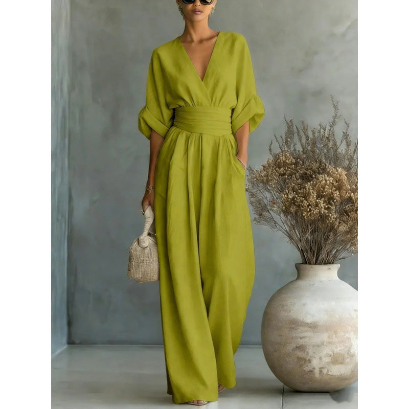 Icone™ ChicJumpsuit: Elegant V-Hals og Løs Ben Chic Jumpsuit