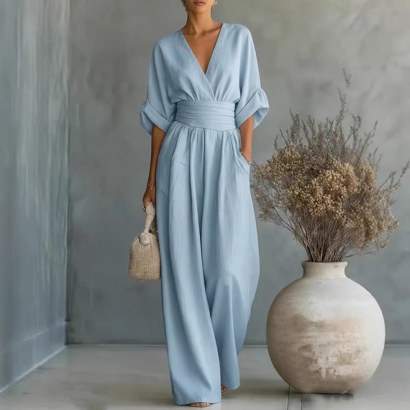Icone™ ChicJumpsuit: Elegant V-Hals og Løs Ben Chic Jumpsuit