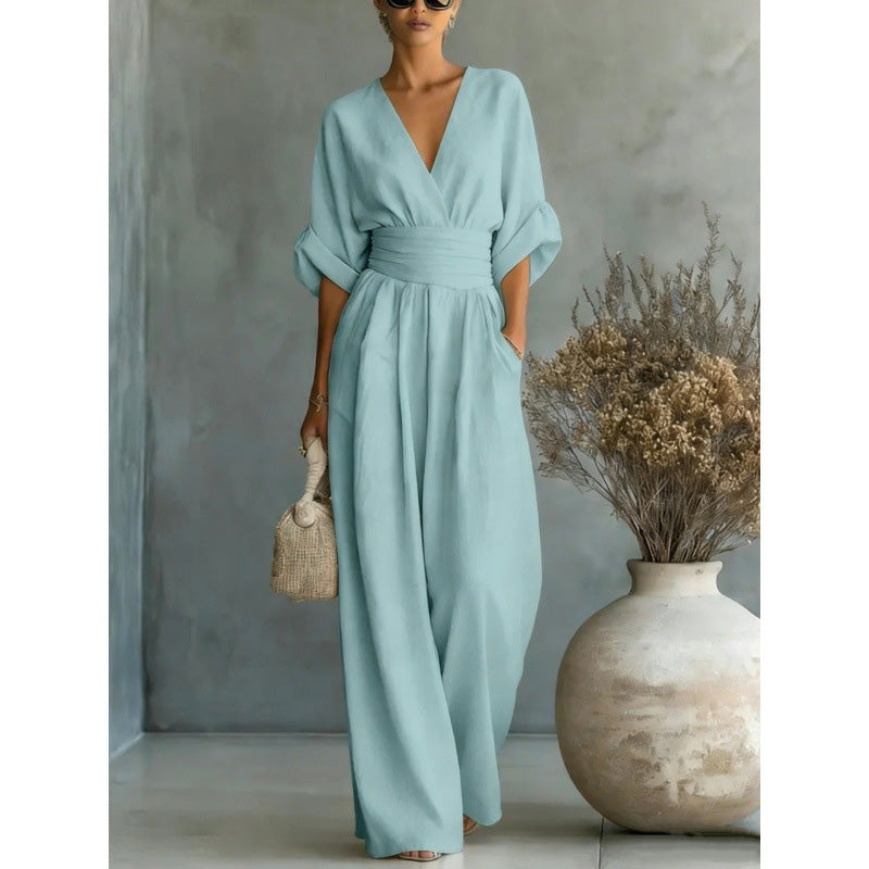 Icone™ ChicJumpsuit: Elegant V-Hals og Løs Ben Chic Jumpsuit