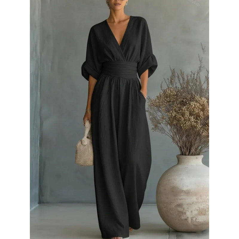 Icone™ ChicJumpsuit: Elegant V-Hals og Løs Ben Chic Jumpsuit