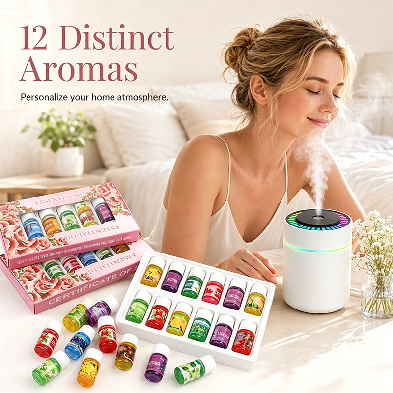 DiffuserSet: 12 Duftende Hjemmeparfume Diffuserolie Sæt Med Mini Luftfugter