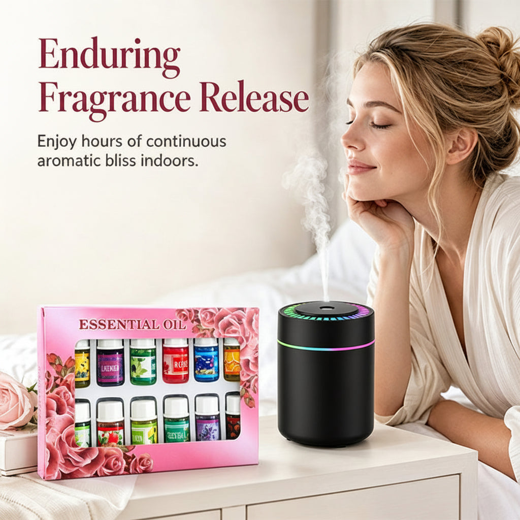DiffuserSet: 12 Duftende Hjemmeparfume Diffuserolie Sæt Med Mini Luftfugter