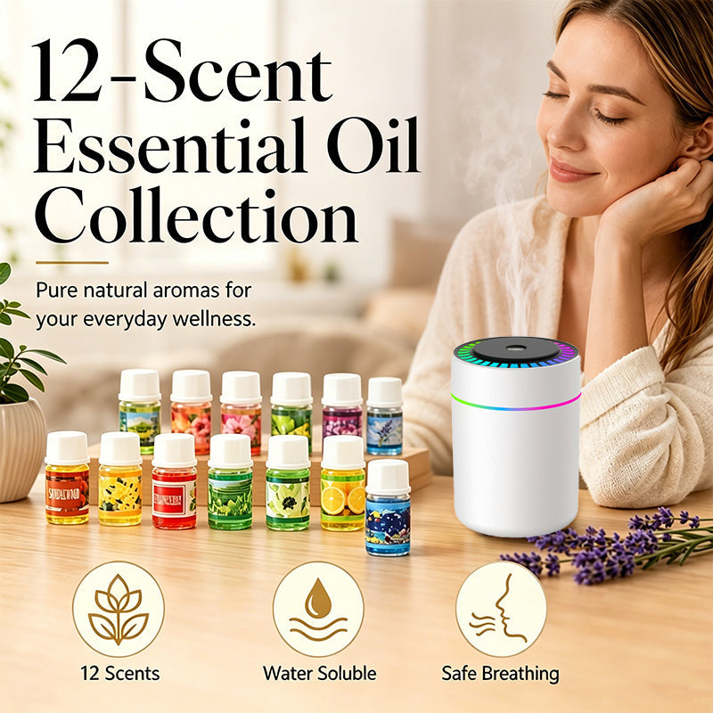 DiffuserSet: 12 Duftende Hjemmeparfume Diffuserolie Sæt Med Mini Luftfugter