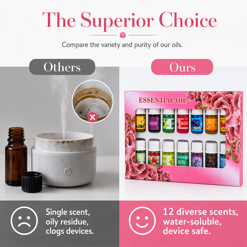 DiffuserSet: 12 Duftende Hjemmeparfume Diffuserolie Sæt Med Mini Luftfugter
