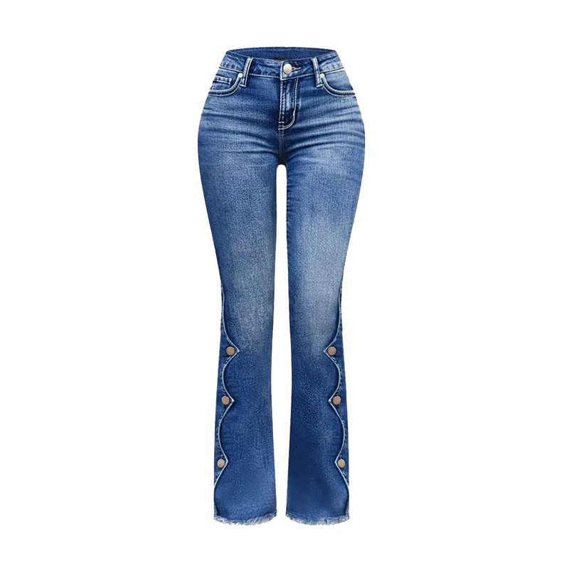 Icone™ FlarePants: Højtaljede Flare Bukser i Stræk Denim med Frynse Kant