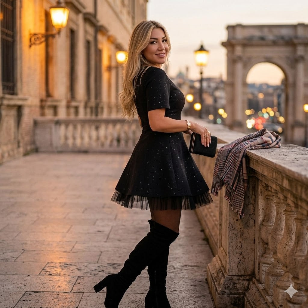 Icone™ MiniDress: Elegant Kortærmet Mini Kjole Med Funklende Blonder Trim