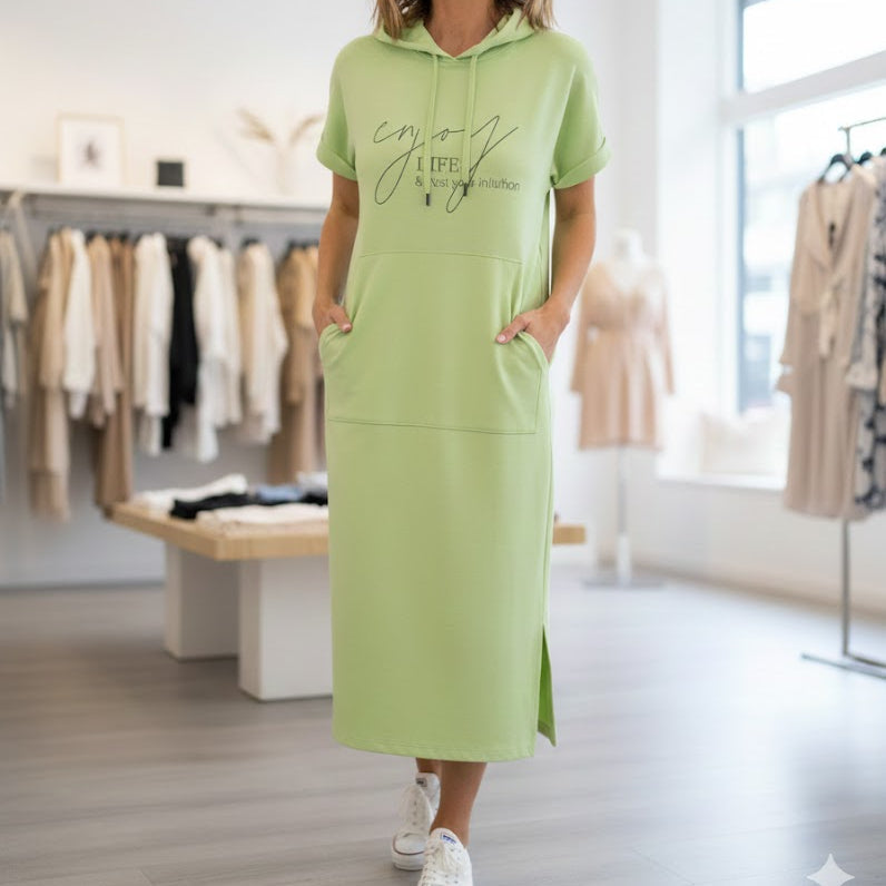 Icone™ DrawstringDress: Kvinders Hyggelig Hætte Snøre Midi Kjole